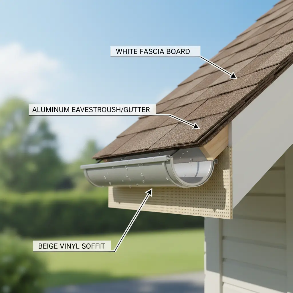 Complete roofline system showing fascia, soffit, eavestrough, and roof integration