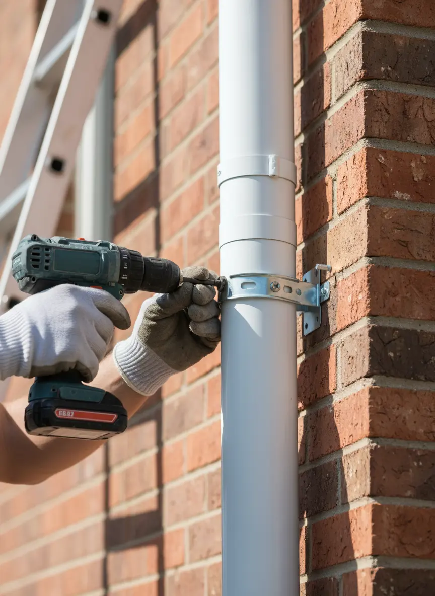 Heavy rain test showing proper water flow through downspouts