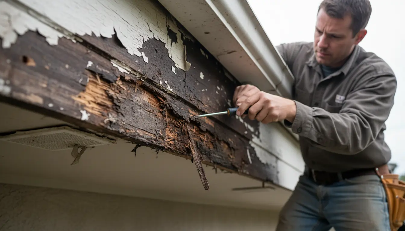 Severe fascia rot and water damage requiring replacement