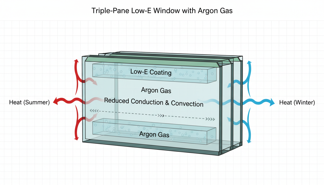 Beamsville triple-pane glass energy efficiency 3D - Low-E coating and argon gas technology