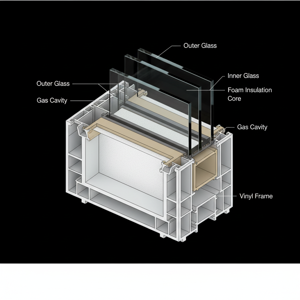 Beamsville triple-pane window cross-section - Energy-efficient glass technology 3D