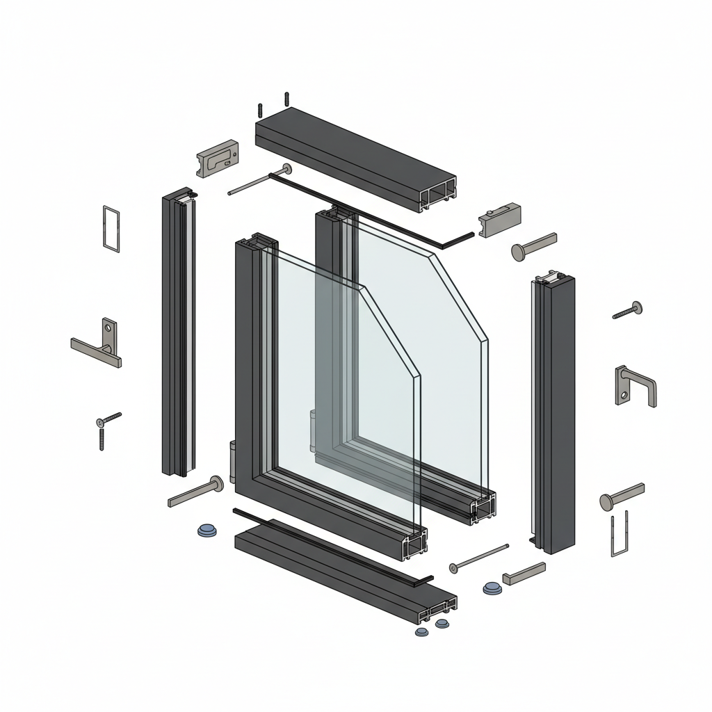 Beamsville window components exploded view - Complete assembly 3D diagram